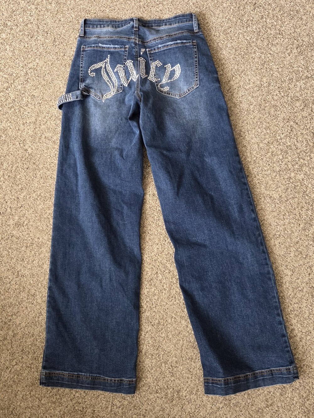 Juicy Couture Baggy y2k 90s Carpenter Jeans Rhinestone Spellout Size 3/26